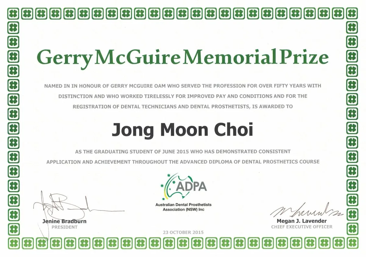 Gerry McGuire Memorial Prize certificate awarded to Jong Moon Choi by the Australian Dental Prosthetists Association NSW